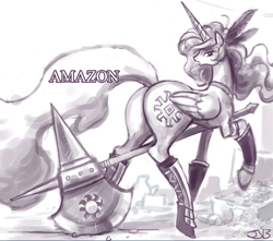 Size: 699x618 | Tagged: safe, artist:johnjoseco, character:princess celestia, species:alicorn, species:pony, princess molestia, amazon, axe, cosplay, dragon's crown, female, halberd, plot, solo