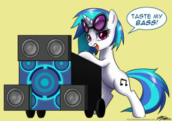 Size: 1200x846 | Tagged: safe, artist:johnjoseco, character:dj pon-3, character:vinyl scratch, species:pony, species:unicorn, bass cannon, bipedal, bipedal leaning, dialogue, female, get, index get, leaning, mare, simple background, solo, speech bubble, sunglasses