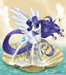 Size: 1200x1350 | Tagged: safe, artist:johnjoseco, character:rarity, species:alicorn, species:pony, alicornified, beautiful, bedroom eyes, birth of venus, clam, female, grin, happy, jewelry, looking at you, necklace, ocean, pearl, race swap, raricorn, seashell, smiling, smirk, solo, sparkles, the birth of venus