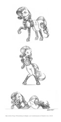 Size: 640x1280 | Tagged: safe, artist:baron engel, character:rarity, species:pony, bipedal, boots, brooch, cravat, hoof boots, monochrome, pencil drawing, traditional art