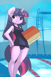 Size: 800x1200 | Tagged: safe, artist:atryl, character:twilight sparkle, character:twilight sparkle (unicorn), species:anthro, species:pony, species:unicorn, ambiguous facial structure, clothing, female, one-piece swimsuit, school swimsuit, shepherd0821-ish, solo, style emulation, sukumizu, swimming pool, swimsuit