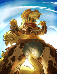 Size: 1149x1500 | Tagged: safe, artist:atryl, character:applejack, species:anthro, applebucking thighs, backlighting, belly button, breasts, busty applejack, chaps, clothing, cowboy hat, cowgirl, cowprint, female, front knot midriff, green eyes, hat, lasso, low angle, midriff, ponytail, pov, rope, solo, underass, worm's eye view