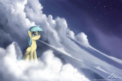 Size: 2000x1333 | Tagged: safe, artist:johnjoseco, character:sunshower raindrops, species:pegasus, species:pony, g4, cloud, cloudy, cutie mark, female, hooves, looking up, mare, night, night sky, on a cloud, sitting, sitting on a cloud, sky, solo, stars, wings