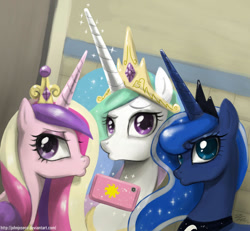 Size: 1000x924 | Tagged: safe, artist:johnjoseco, character:princess cadance, character:princess celestia, character:princess luna, species:alicorn, species:pony, g4, alicorn triarchy, cellphone, duckface, female, mare, phone, selfie, smartphone