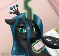 Size: 900x859 | Tagged: safe, artist:johnjoseco, character:queen chrysalis, species:changeling, g4, bedroom eyes, cellphone, changeling queen, duckface, female, floppy ears, hoof hold, magic, phone, selfie, smartphone, solo
