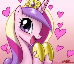 Size: 800x695 | Tagged: safe, artist:johnjoseco, character:princess cadance, species:alicorn, species:pony, blushing, cute, cutedance, female, gradient background, happy, heart, mare, pretty princess, solo