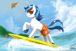 Size: 1500x1000 | Tagged: safe, artist:johnjoseco, character:shining armor, character:trixie, species:pony, species:unicorn, g4, clothing, female, hang gliding, male, mare, ocean, raised hoof, stallion, sunglasses, surfing, swimming trunks, swimsuit, topless