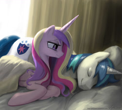 Size: 1300x1170 | Tagged: safe, artist:johnjoseco, character:princess cadance, character:shining armor, species:alicorn, species:pony, species:unicorn, ship:shiningcadance, g4, bed, bedroom eyes, blanket, cute, eyes closed, female, husband and wife, male, mare, morning ponies, on side, pillow, prone, shipping, sleeping, smiling, stallion, straight