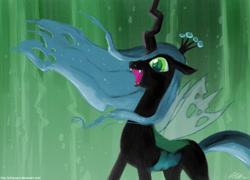 Size: 1100x792 | Tagged: safe, artist:johnjoseco, character:queen chrysalis, species:changeling, g4, changeling queen, evil laugh, female, flowing mane, laughing, open mouth, signature, smiling, solo, standing