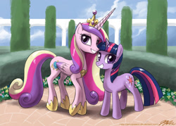 Size: 1300x929 | Tagged: safe, artist:johnjoseco, character:princess cadance, character:twilight sparkle, character:twilight sparkle (unicorn), species:alicorn, species:pony, species:unicorn, g4, duo, female, mare, smiling