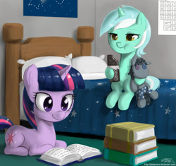 Size: 1000x938 | Tagged: safe, artist:johnjoseco, character:lyra heartstrings, character:smarty pants, character:twilight sparkle, character:twilight sparkle (unicorn), species:pony, species:unicorn, g4, bed, book, chocolate, cute, eating, female, filly, periodic table, prone, reading, sitting