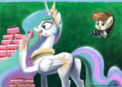 Size: 1300x929 | Tagged: safe, artist:johnjoseco, character:featherweight, character:princess celestia, species:alicorn, species:pegasus, species:pony, episode:ponyville confidential, g4, my little pony: friendship is magic, cake, cakelestia, camera, colt, female, majestic as fuck, male, mare, plot, spying