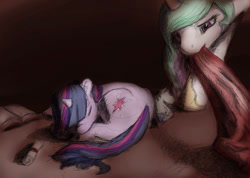 Size: 993x709 | Tagged: safe, artist:silfoe, character:princess celestia, character:twilight sparkle, species:alicorn, species:pony, species:unicorn, g4, blanket, book, curled up, female, filly, mare, momlestia, mouth hold, scroll, sleeping