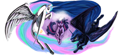 Size: 4000x1800 | Tagged: safe, artist:silfoe, character:princess celestia, character:princess luna, character:twilight sparkle, species:alicorn, species:pony, species:unicorn, g4, absurd resolution, contrast, day, eyes closed, female, floating, flying, magic, mare, night, spread wings, symbolism, twilight (astronomy), underhoof, wallpaper, wings