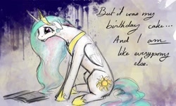 Size: 1700x1024 | Tagged: safe, artist:silfoe, character:princess celestia, species:alicorn, species:pony, episode:ponyville confidential, g4, my little pony: friendship is magic, abstract background, birthday, birthday cake, cake, cakelestia, crying, female, floppy ears, foal free press, mare, newspaper, pouting, sad, sitting, solo
