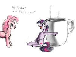 Size: 1000x750 | Tagged: safe, artist:silfoe, character:pinkie pie, character:twilight sparkle, species:earth pony, species:pony, species:unicorn, g4, coffee, curious, drink, female, leaning, mare, micro, mug, open mouth, pinkie found the coffee, scared, simple background, sitting, smiling, this will end in tears and/or death, wide eyes, xk-class end-of-the-world scenario