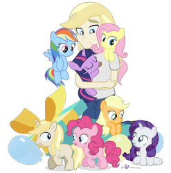 Size: 1125x1140 | Tagged: safe, artist:dm29, character:applejack, character:fluttershy, character:pinkie pie, character:rainbow dash, character:rarity, character:twilight sparkle, oc, oc:colin nary, self insert, species:pony, my little pony:equestria girls, balloon, colt, cute, equestria girls-ified, filly, holding a pony, human ponidox, julian yeo is trying to murder us, male, mane six, ponidox, present, simple background, transparent background