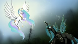 Size: 1920x1080 | Tagged: safe, artist:silfoe, character:princess celestia, character:queen chrysalis, species:alicorn, species:changeling, species:pony, g4, changeling queen, confrontation, duo, ethereal mane, female, fight, flying, lightning, mare, spread wings, wallpaper, wings