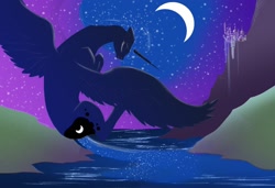 Size: 1500x1024 | Tagged: safe, artist:silfoe, character:princess luna, species:alicorn, species:pony, g4, beautiful, canterlot, crescent moon, eyes closed, female, flying, mare, moon, night, river, solo, stars, water