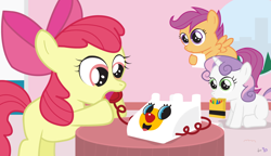 Size: 1200x690 | Tagged: safe, artist:dm29, character:apple bloom, character:scootaloo, character:sweetie belle, species:pegasus, species:pony, crossover, cutie mark crusaders, mouth hold, telephone, the powerpuff girls, trio