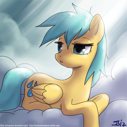 Size: 900x900 | Tagged: safe, artist:johnjoseco, character:sunshower raindrops, species:pegasus, species:pony, cloud, cloudy, female, mare, morning ponies, solo