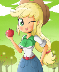 Size: 1784x2162 | Tagged: safe, artist:the-butch-x, character:applejack, my little pony:equestria girls, apple, belt, belt buckle, blushing, clothing, cowboy hat, cowgirl, denim skirt, female, food, hand on hip, hat, obligatory apple, skirt, solo, stetson, wink