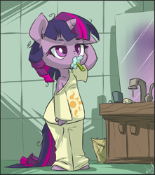 Size: 1063x1200 | Tagged: safe, artist:atryl, character:twilight sparkle, species:anthro, species:pony, species:unguligrade anthro, species:unicorn, arm fluff, bathroom, bed mane, clothing, colored pupils, ear fluff, female, morning ponies, off shoulder, pajamas, shoulder fluff, signature, solo, toothbrush