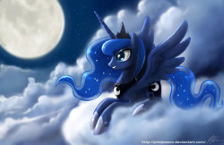 Size: 1330x861 | Tagged: safe, artist:johnjoseco, character:princess luna, species:alicorn, species:pony, g4, cloud, cloudy, cutie mark, female, full moon, hooves, horn, jewelry, lying on a cloud, mare, moon, night, night sky, on a cloud, profile, prone, regalia, sky, smiling, solo, spread wings, stars, tiara, wings