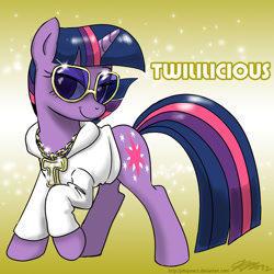 Size: 1000x1000 | Tagged: safe, artist:johnjoseco, character:twilight sparkle, character:twilight sparkle (unicorn), species:pony, species:unicorn, g4, abstract background, clothing, female, hoodie, jewelry, lidded eyes, mare, medallion, necklace, solo, sunglasses, sweater, twilightlicious, twililicious