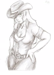 Size: 1700x2338 | Tagged: safe, artist:sundown, character:applejack, species:human, applebucking thighs, female, grayscale, humanized, monochrome, neo noir, partial color, solo, traditional art