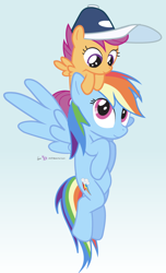 Size: 600x990 | Tagged: safe, artist:dm29, character:rainbow dash, character:scootaloo, species:pegasus, species:pony, baseball cap, clothing, duo, hat, ponies riding ponies, scootahat