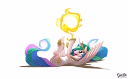 Size: 2560x1600 | Tagged: safe, artist:mysticalpha, character:princess celestia, species:alicorn, species:pony, ball, behaving like a cat, cute, cutelestia, eyes on the prize, female, happy, hoof shoes, hoofy-kicks, jewelry, legs in air, lidded eyes, mare, on back, open mouth, peytral, playing, plot, signature, simple background, smiling, solo, spread wings, sun, tangible heavenly object, tiara, underhoof, wallpaper, white background, wings