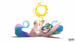 Size: 2560x1440 | Tagged: safe, artist:mysticalpha, character:princess celestia, species:alicorn, species:pony, ball, behaving like a cat, cute, cutelestia, eyes on the prize, female, hoof shoes, jewelry, lidded eyes, mare, on back, open mouth, peytral, playing, plot, signature, simple background, smiling, solo, spread wings, sun, tangible heavenly object, tiara, underhoof, wallpaper, white background, wings