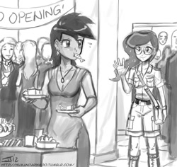 Size: 700x660 | Tagged: safe, artist:johnjoseco, character:daring do, character:princess luna, species:human, comic:the erotic adventures of daring do, clothing, comic, dress, explicit series, food, glasses, grayscale, humanized, monochrome, shrimp