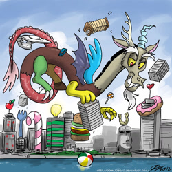 Size: 900x900 | Tagged: safe, artist:johnjoseco, character:discord, character:tom, accordion, apple, beach ball, burger, candy cane, car, city, donut, lollipop, macro, moai, musical instrument, new york city, star trek