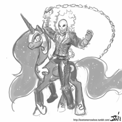 Size: 800x800 | Tagged: safe, artist:johnjoseco, character:nightmare moon, character:princess luna, badass, brutal, chains, crossover, epic, ghost rider, grayscale, marvel, monochrome, nicolas cage, nicolas cage is best pony, raised hoof, riding, smiling