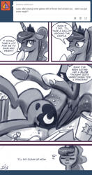 Size: 550x1039 | Tagged: safe, artist:johnjoseco, character:princess luna, species:alicorn, species:pony, ask princess molestia, ask, comic, crumbs, drink, eating, female, food, popcorn, slob, solo, straw, weight gain