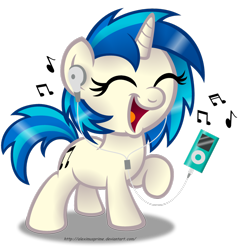 Size: 1024x1075 | Tagged: safe, artist:aleximusprime, character:dj pon-3, character:vinyl scratch, cute, earbuds, female, ipod, mp3 player, music notes, simple background, solo, transparent background