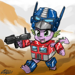 Size: 900x900 | Tagged: safe, artist:johnjoseco, character:spike, cosplay, optimus prime, transformers