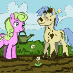 Size: 1280x1280 | Tagged: safe, artist:johnjoseco, character:daisy, character:goldengrape, species:earth pony, species:pony, ship:daisygrape, female, garden, male, mare, shipping, stallion, straight