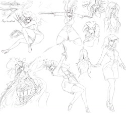 Size: 1280x1152 | Tagged: safe, artist:sundown, character:rarity, species:human, action pose, elf ears, horned humanization, humanized, knife, magic, monochrome, scar, sketch dump, sword, weapon