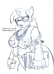 Size: 700x954 | Tagged: safe, artist:suirano, character:twilight sparkle, species:anthro, big breasts, breasts, busty twilight sparkle, dictionary, female, glasses, grammar nazi, monochrome, pi, sketch, solo