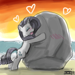 Size: 900x900 | Tagged: safe, artist:johnjoseco, character:rarity, character:tom, species:pony, species:unicorn, ship:raritom, artifact, beach, blushing, cargo ship, discorded, eyes closed, heart, hug, open mouth, rockcon, shipping, sunset, water