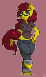 Size: 692x1153 | Tagged: safe, artist:atryl, oc, oc only, species:anthro, species:earth pony, species:pony, species:unguligrade anthro, anthro oc, clothing, earring, female, glasses, hand on hip, midriff, pants, solo