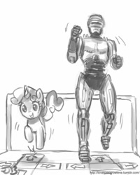 Size: 680x850 | Tagged: safe, artist:johnjoseco, character:sweetie belle, species:human, crossover, dance dance revolution, grayscale, monochrome, rhythm game, robocop, wat