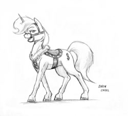 Size: 937x852 | Tagged: safe, artist:baron engel, oc, oc only, oc:petina, species:pony, species:unicorn, breast collar, bridle, female, grayscale, mare, monochrome, pencil drawing, saddle, solo, tack, traditional art