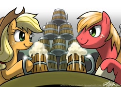 Size: 1000x716 | Tagged: safe, artist:johnjoseco, character:applejack, character:big mcintosh, species:earth pony, species:pony, g4, cider, drinking contest, eye contact, female, looking at each other, male, mare, stallion