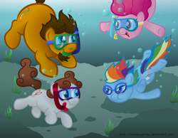 Size: 1024x795 | Tagged: safe, artist:aleximusprime, character:pinkie pie, character:rainbow dash, oc, oc:alex the chubby pony, oc:dreamer, ponysona, bubble, goggles, harsher in hindsight, snorkel, swimming, swimming goggles, underwater