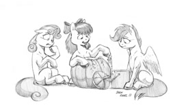 Size: 1024x655 | Tagged: safe, artist:baron engel, character:apple bloom, character:scootaloo, character:sweetie belle, species:pegasus, species:pony, cutie mark crusaders, halloween, holiday, jack-o-lantern, monochrome, pencil drawing, pumpkin, pumpkin carving, traditional art