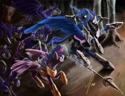 Size: 1280x981 | Tagged: safe, artist:silfoe, character:princess luna, character:twilight sparkle, character:twilight sparkle (alicorn), species:alicorn, species:bat pony, species:pony, armor, bat pony unicorn, echo (bat pony), echo and nocturn, female, flag, incomplete, mare, night guard, nocturn, royal guard, spear, warrior luna, warrior twilight sparkle, weapon, wingless bat pony